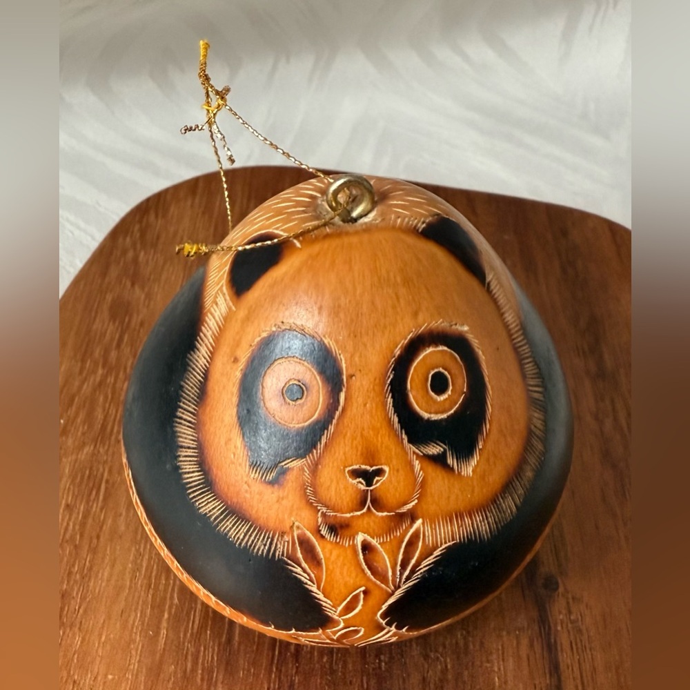 Lucuma Folk Gourd Art Panda Christmas Ornament Made Peru Handcrafted